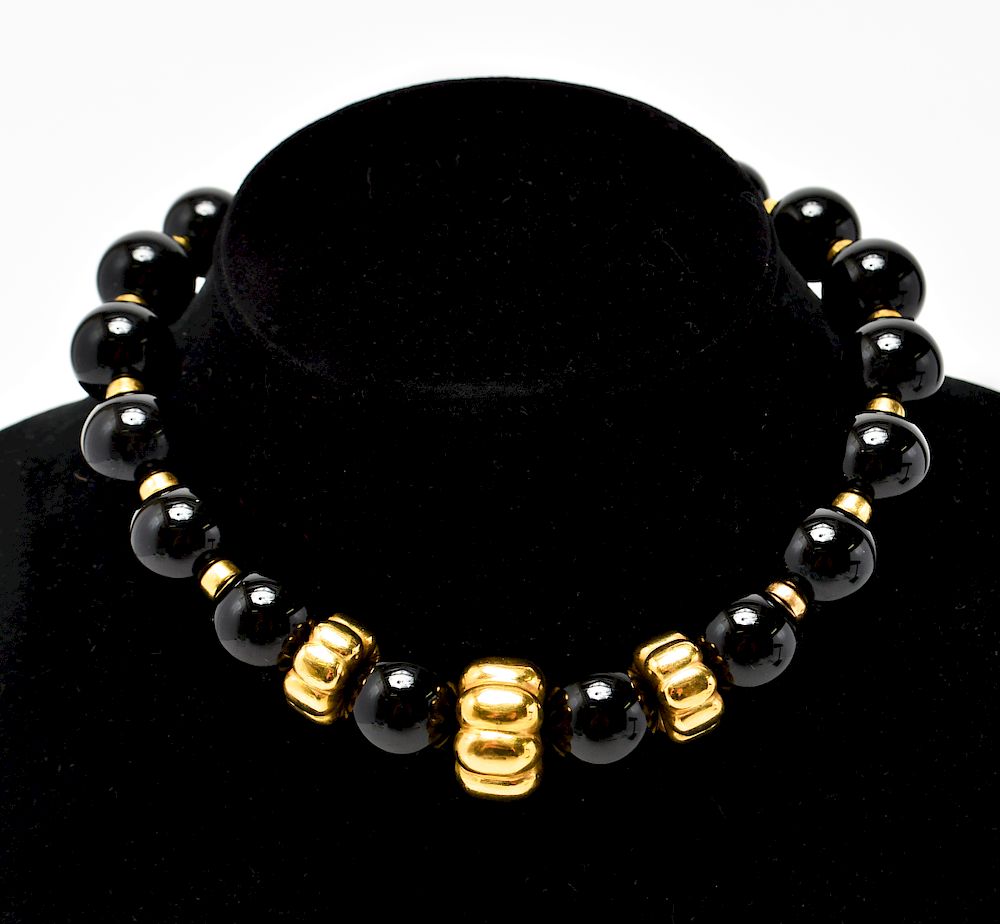 Appraisal: K Yellow Gold Black Onyx Beads Choker Necklace K yellow