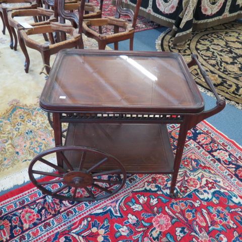 Appraisal: Mahogany Tea Cart lift off glass lined tray string inlay