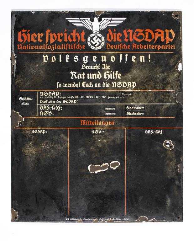 Appraisal: GERMANY THIRD REICH AN NSDAP MEETING PLACE ENAMEL SIGN with