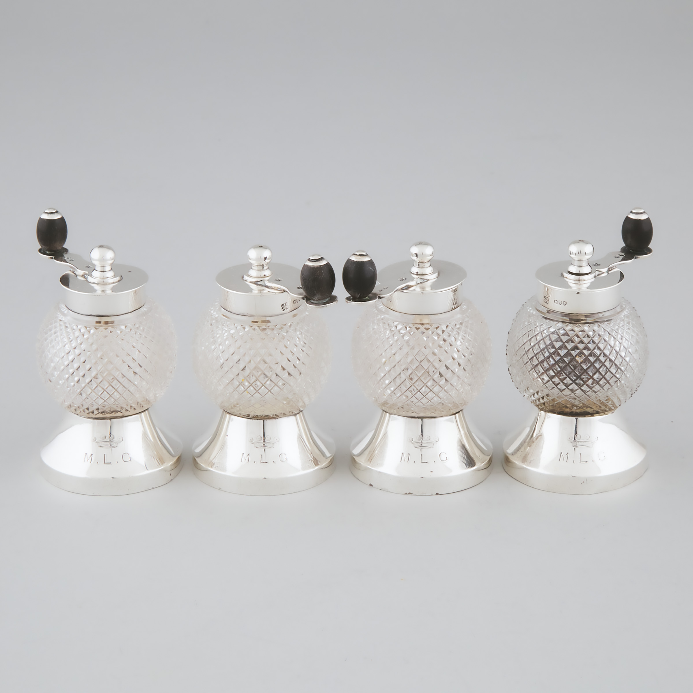 Appraisal: Four Victorian Silver and Cut Glass Pepper Mills Hukin Heath