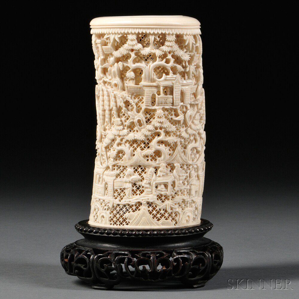 Appraisal: Ivory Tusk Carving China th century cylindrical depicting a continuous