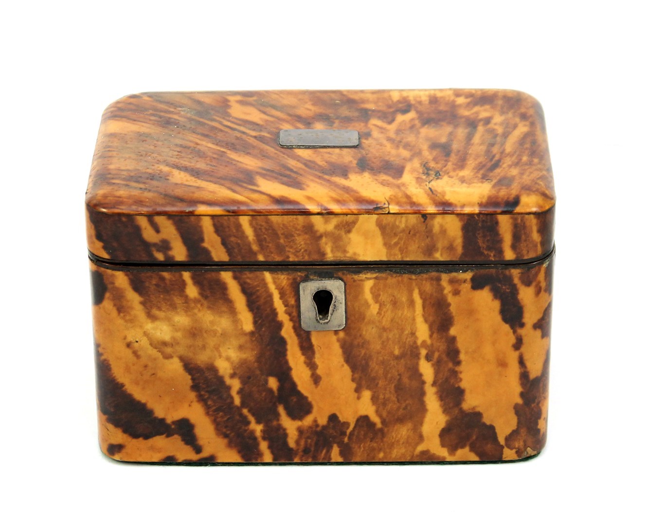 Appraisal: A George III blonde tortoiseshell rectangular tea caddy with twin