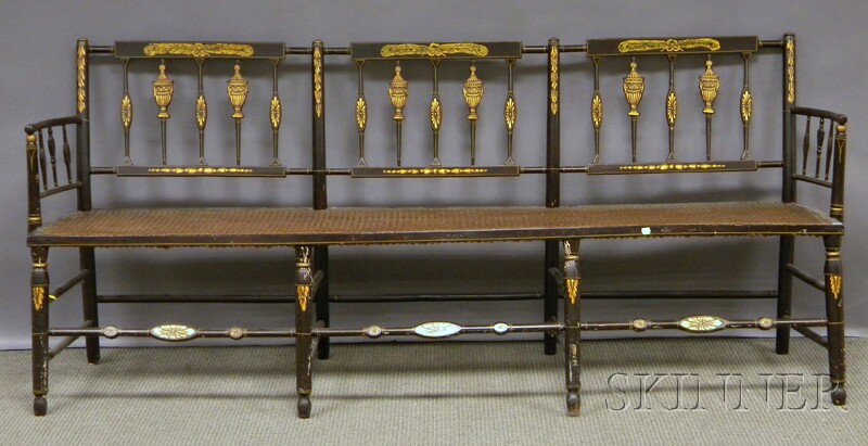 Appraisal: Black-painted and Gilt-decorated Sheraton Settee with Caned Seat lg seat