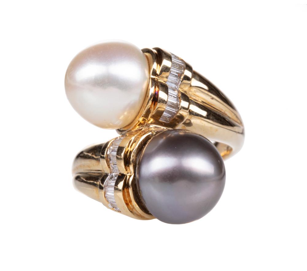 Appraisal: kt Yellow Gold Pearl and Diamond Bypass Ring one round