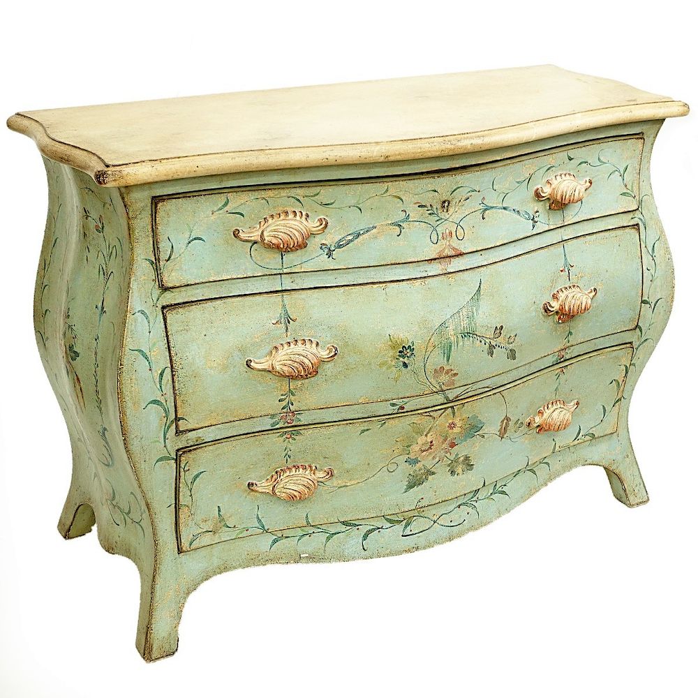 Appraisal: Patina Italian Bombe Chest th Century Style Italian Hand Painted