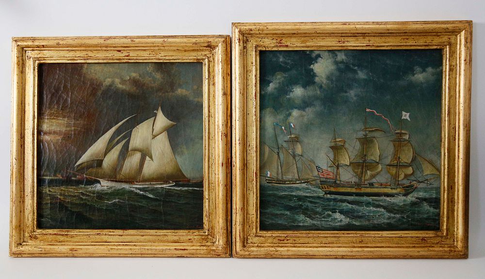 Appraisal: Pair of Trevor James Oil on Canvas Maritime Paintings Contemporary