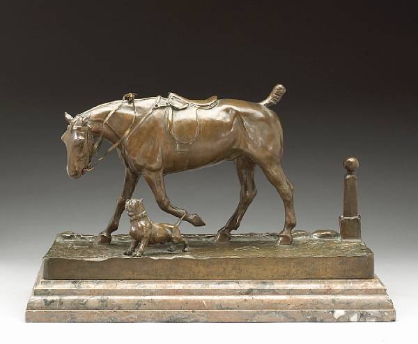 Appraisal: A patinated bronze equestrian group early th century Modeled as