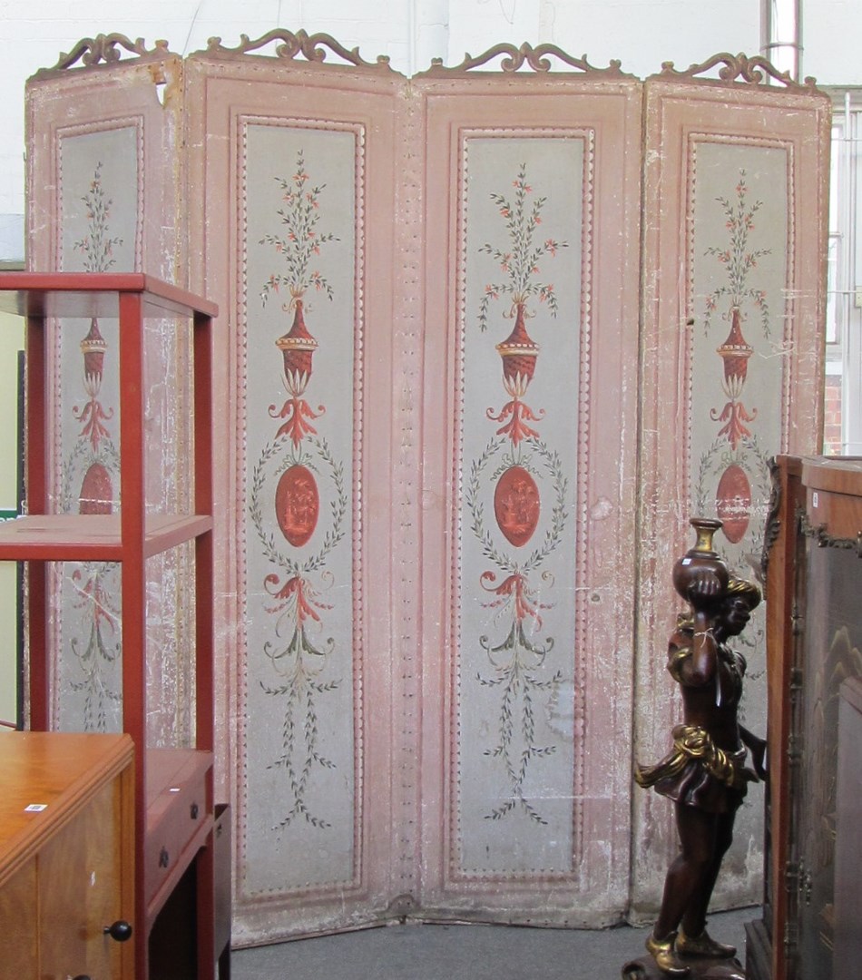 Appraisal: A th century painted canvas four fold draught screen with