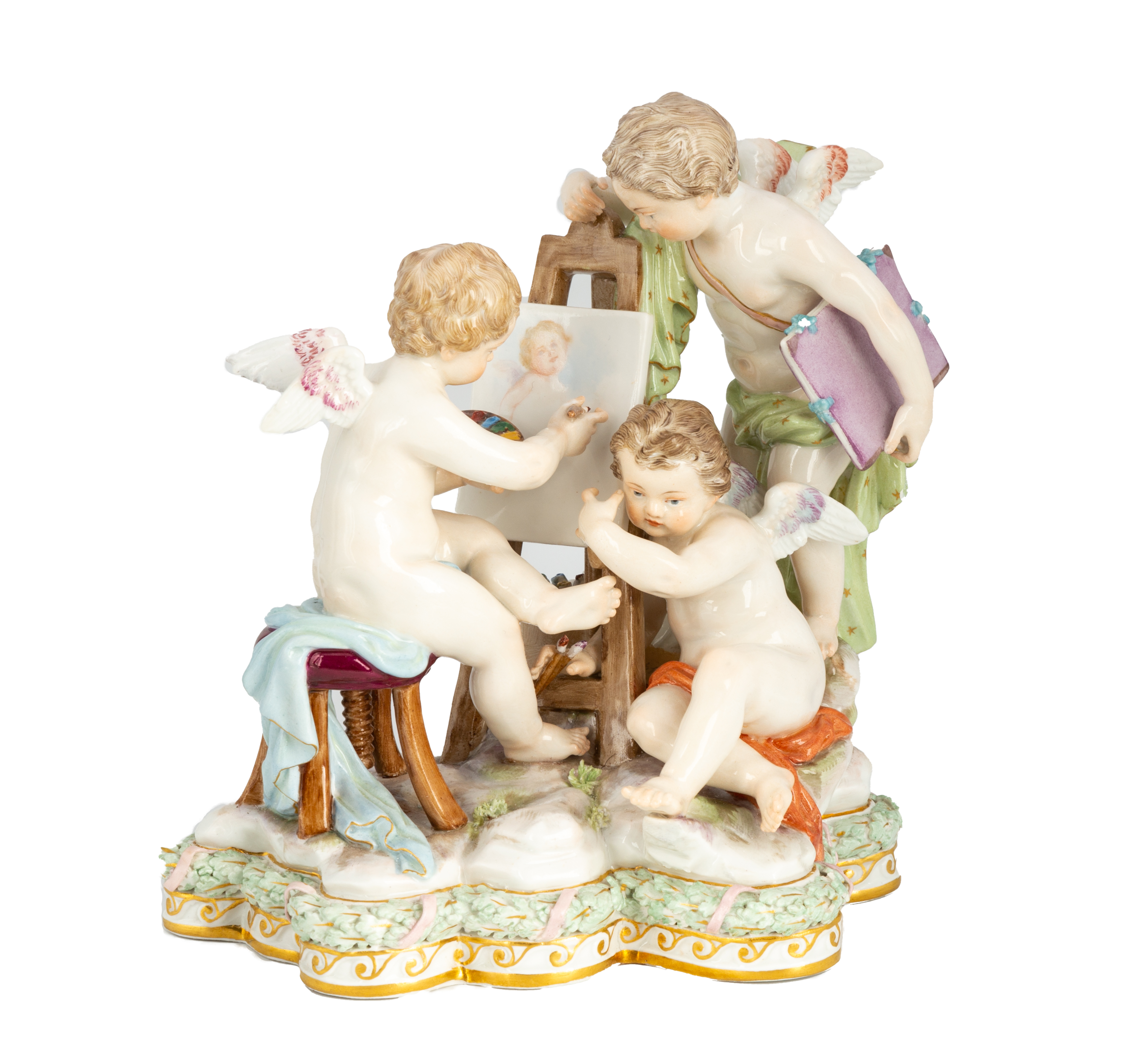 Appraisal: MEISSEN FIGURINE OF THREE CHERUBS PAINTING th century Crossed swords