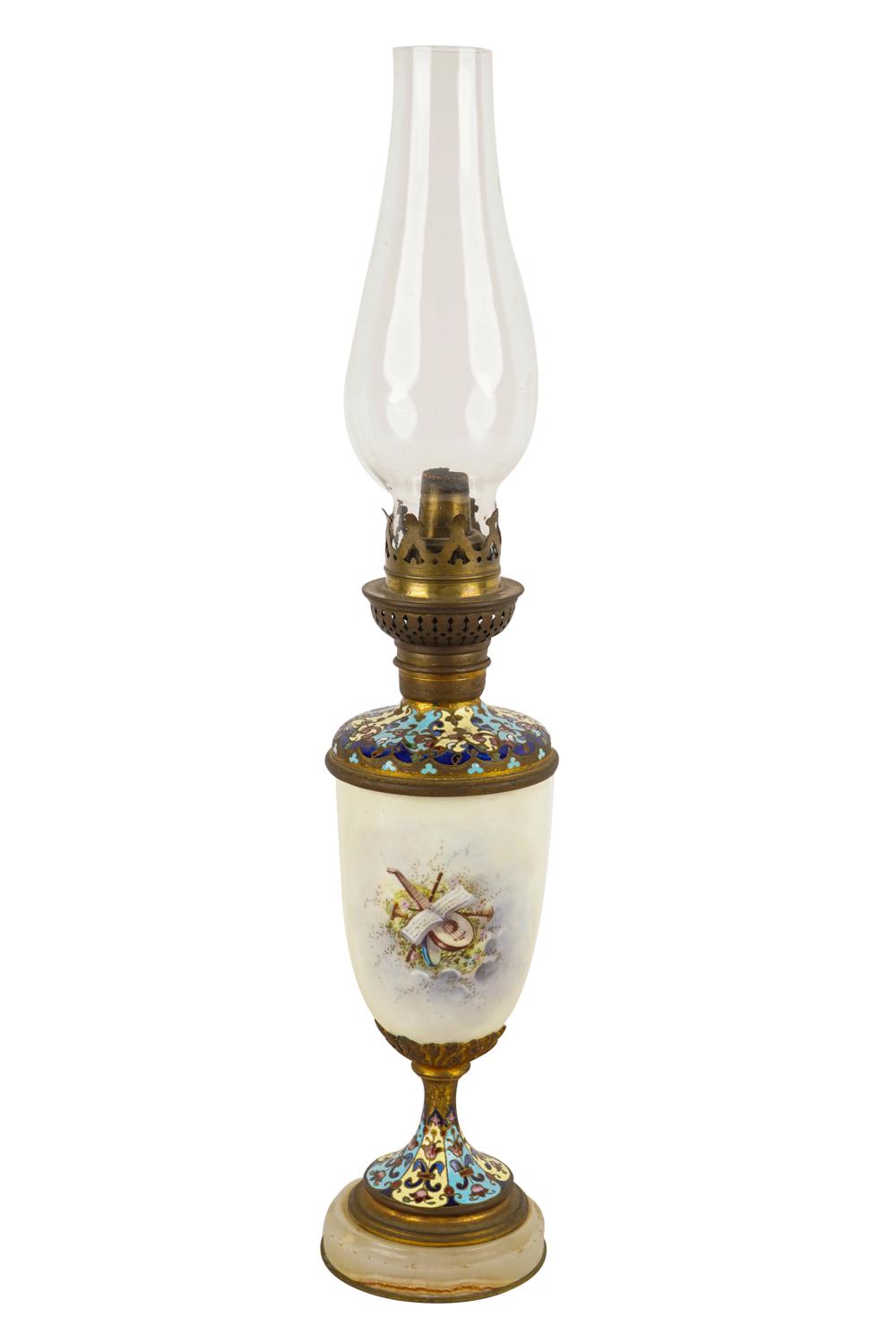 Appraisal: FRENCH ENAMEL PORCELAIN OIL LAMPCondition with nicks to onyx base