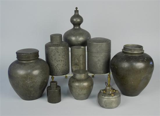 Appraisal: COLLECTION OF NINE CHINESE PEWTER VESSELS including covered storage jars