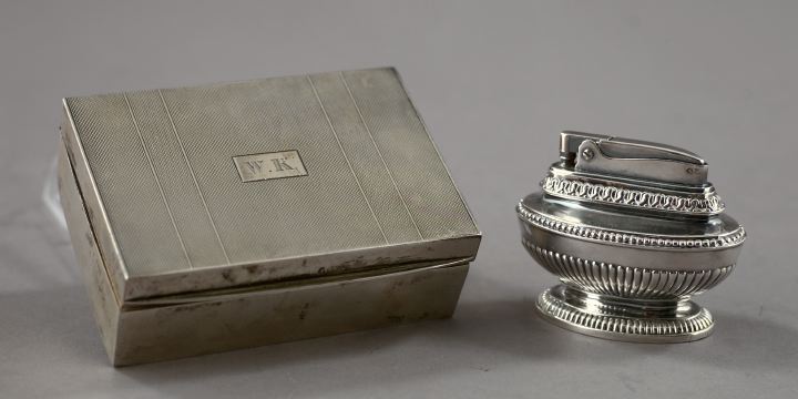 Appraisal: Silver Cigarette Box and Lighter comprised of an engine-turned sterling