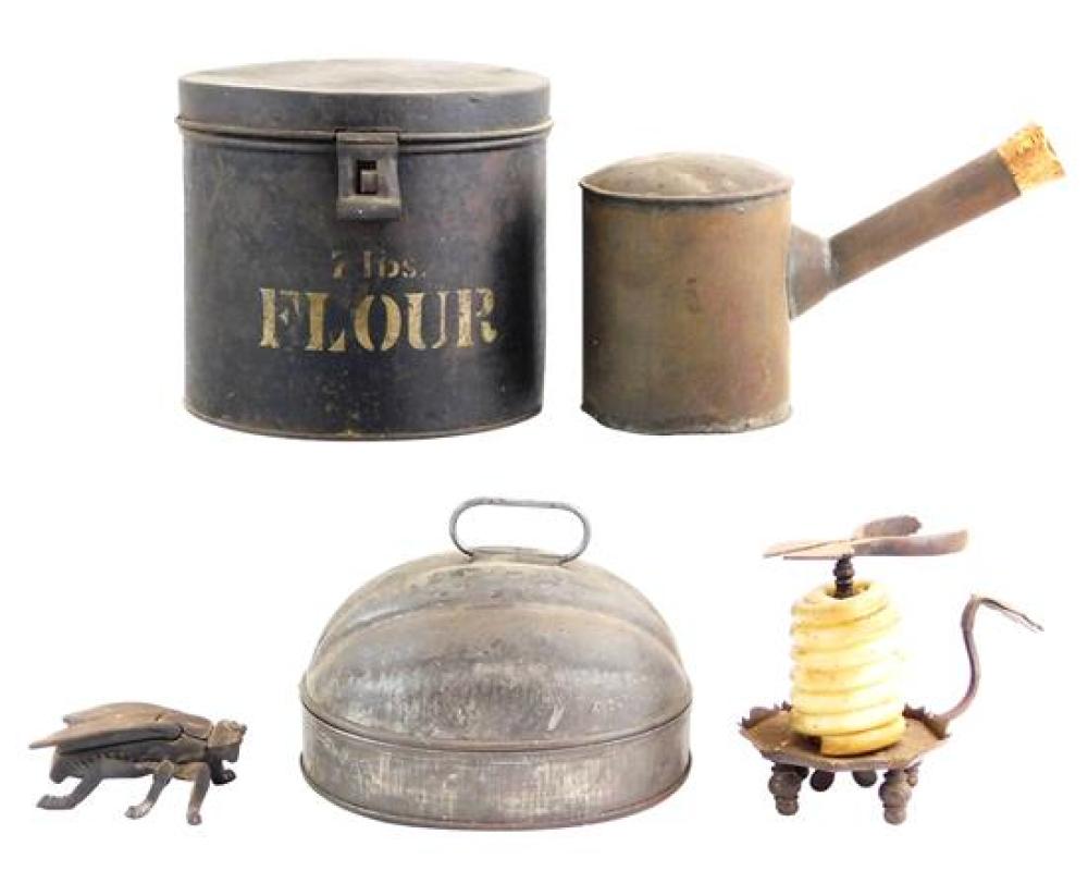 Appraisal: Five pieces of early metal ware including tin flour cannister