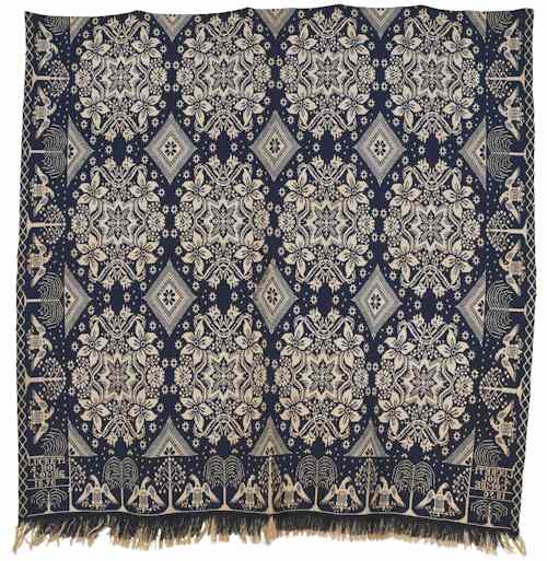 Appraisal: Blue and white jacquard woven coverlet inscribed Lucretia Holcombe with