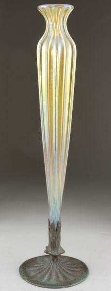 Appraisal: Lundberg Studios Art Glass Trumpet Vase iridescent gold tapering ribbed