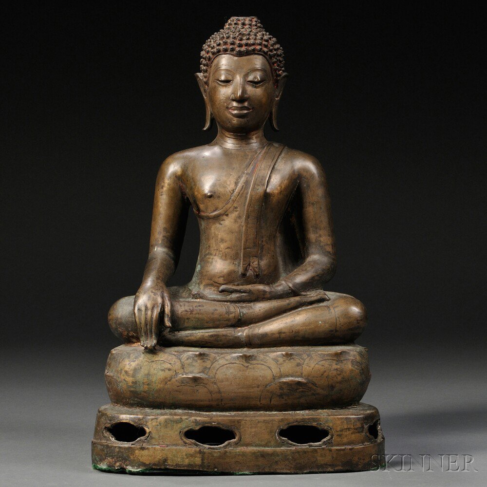 Appraisal: Bronze Buddha Thailand depicted seated on a lotus pedestal ht