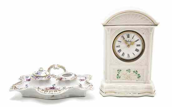 Appraisal: A Belleek Porcelain Cased Mantel Clock the dial having Roman