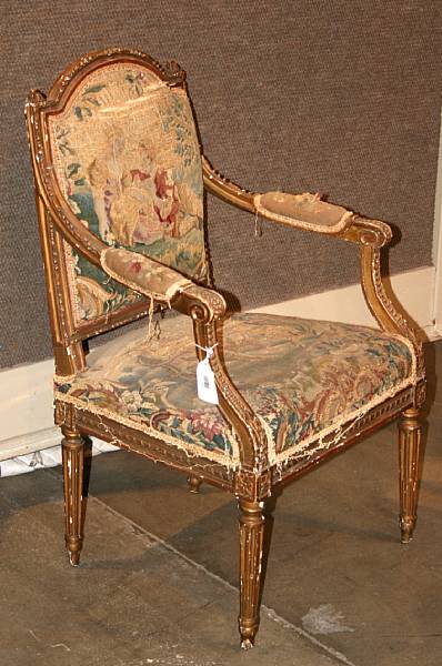 Appraisal: A Louis XVI giltwood and tapestry upholstered fauteuil a la