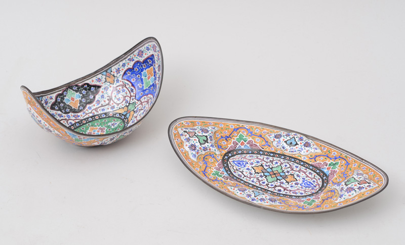 Appraisal: PERSIAN ENAMELED COPPER KOVSH AND STAND Each with shaped medallions