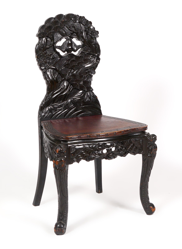 Appraisal: HEAVILY CARVED BLACK LACQUER ELM CHINESE SIDE CHAIR Profusely carved