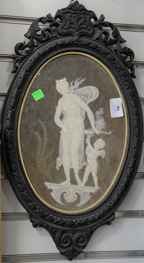 Appraisal: French Oval Pate Sur Pate Cherub Plaque depicting a maiden