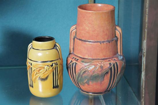 Appraisal: TWO ROSEVILLE POTTERY VASES Both in Laurel pattern One yellow