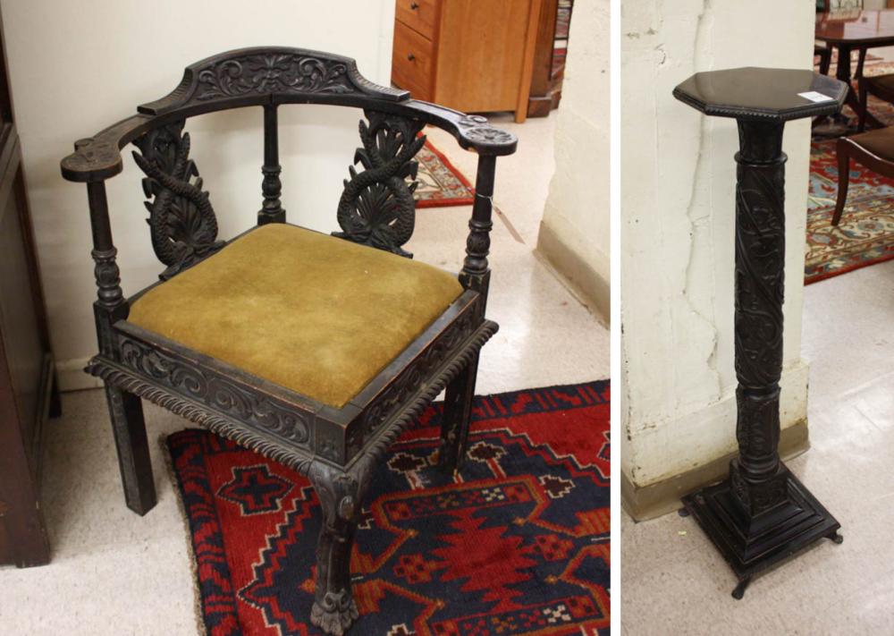 Appraisal: VICTORIAN PEDESTAL PLANTSTAND AND CORNER ARMCHAIR English th century dark