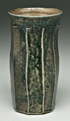 Appraisal: Shoji Hamada stoneware vase Japanese - faceted cylinder olive glaze