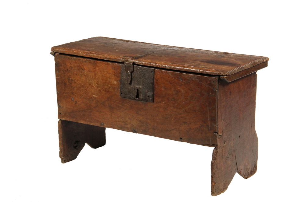 Appraisal: ENGLISH OAK TRAVELER'S TRUNK - Diminutive th- th c Oak