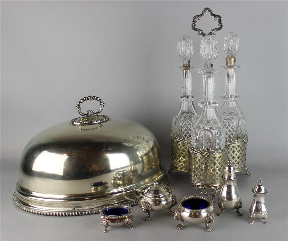 Appraisal: GROUP OF ENGLISH SILVERPLATED WARES including a decanter caddy with