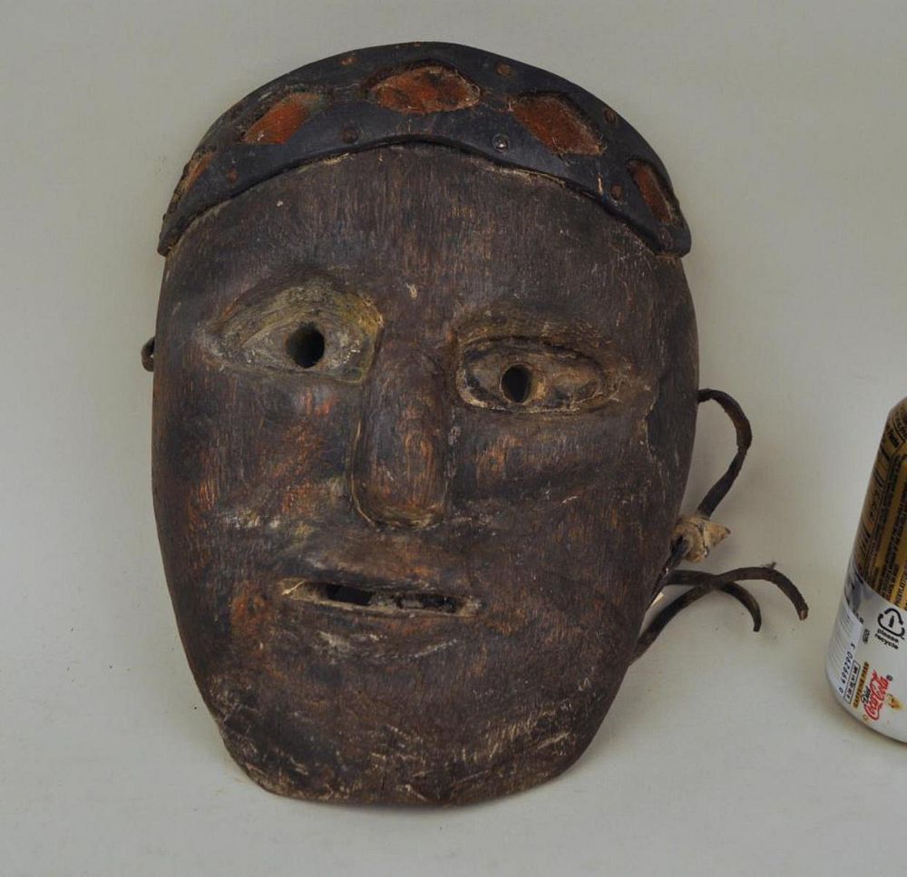 Appraisal: Possibly Cherokee Carved Wood Mask with leather strap high wide