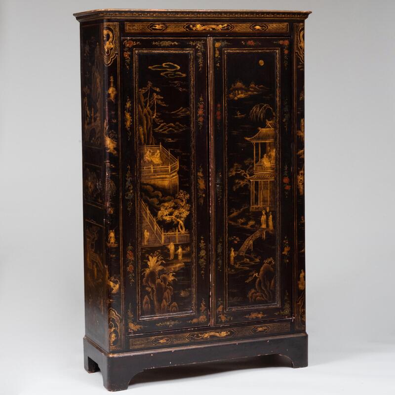 Appraisal: Regency Black Painted and Parcel-Gilt Chinoiserie Decorated Cabinet Opening to