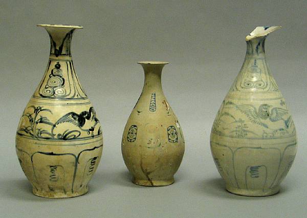 Appraisal: Three decorated yuhuchun bottles Late th Early th Century Each