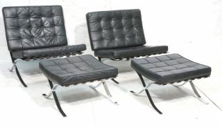 Appraisal: Pr Black Leather Barcelona style Lounge Chairs Ottomans Ludwig Mies