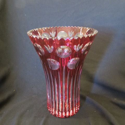 Appraisal: Cranberry Cut-to-Clear Crystal Vase medallion ray style excellent