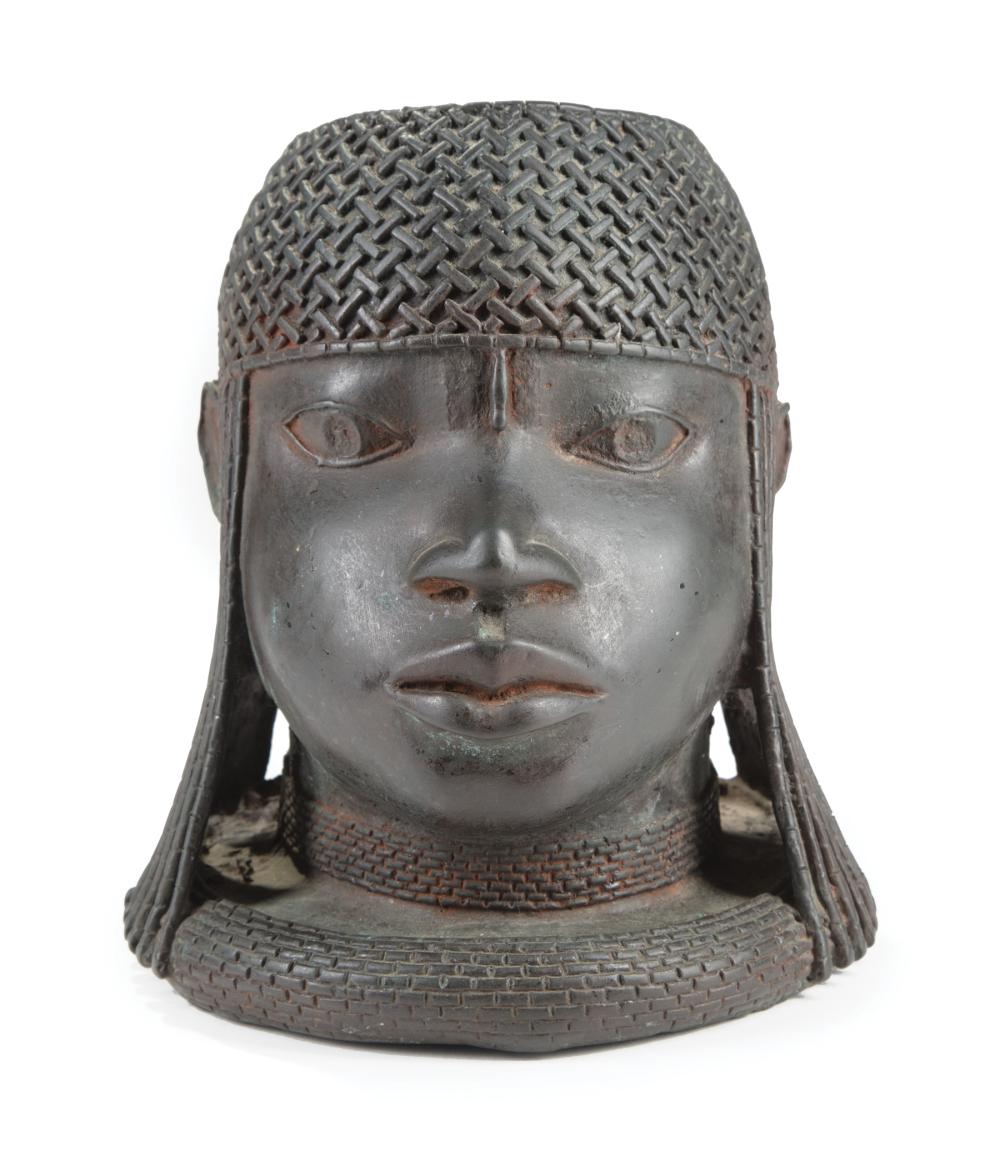 Appraisal: African Benin-Style Bronze Head of an Oba basket weave crown