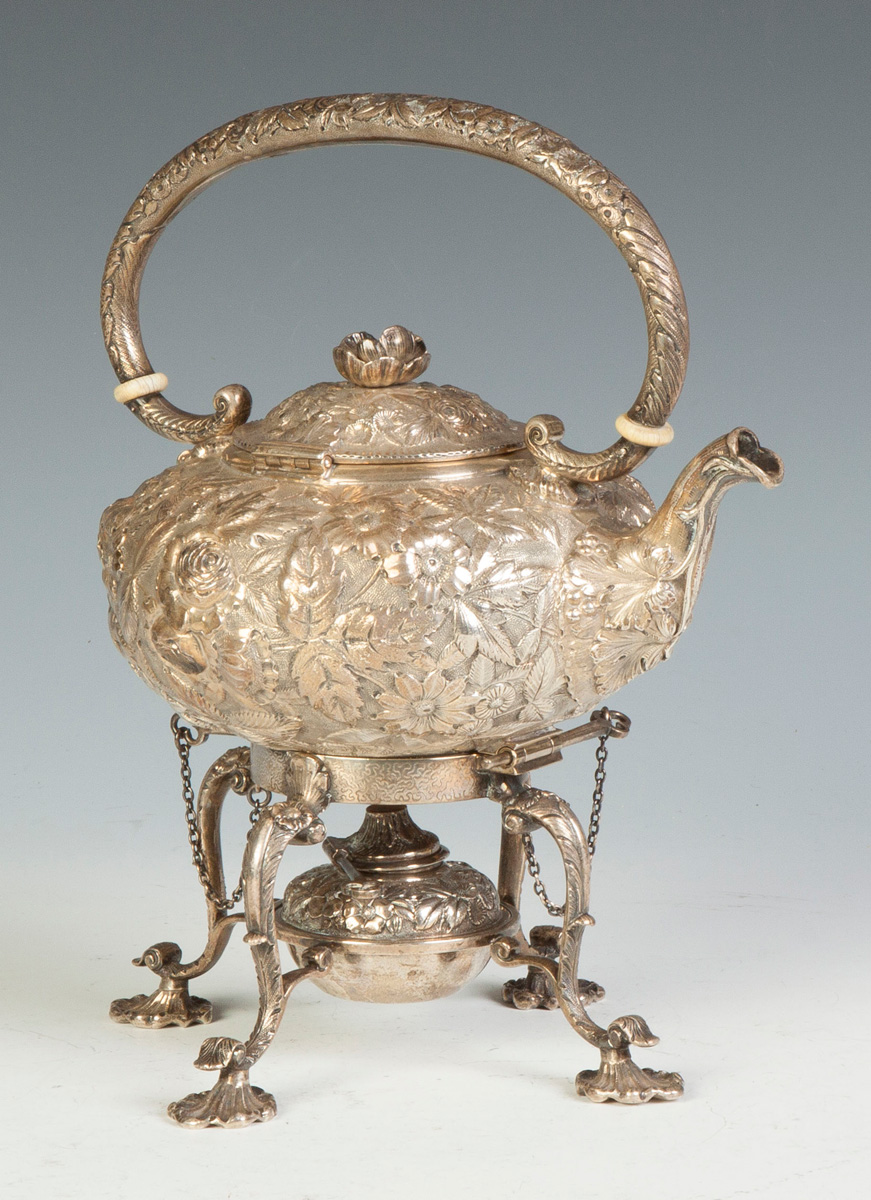 Appraisal: Jacobi Jenkins Sterling Silver Kettle on Stand Repousse shell feet