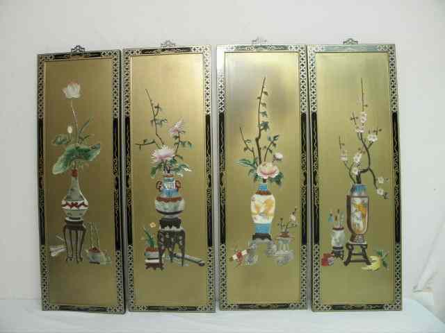 Appraisal: A Chinese screen of wood panels with hard stone decorations