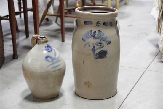 Appraisal: TWO PIECES OF STONEWARE A two-gallon handled stoneware jug of