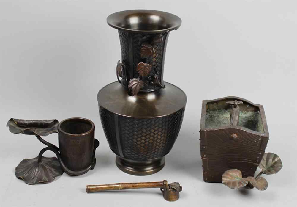 Appraisal: THREE JAPANESE BRONZE ITEMS including a baluster vase with bands