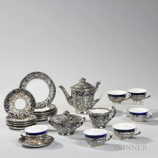 Appraisal: Blue and White Porcelain Tea Service with Sterling Silver Decoration