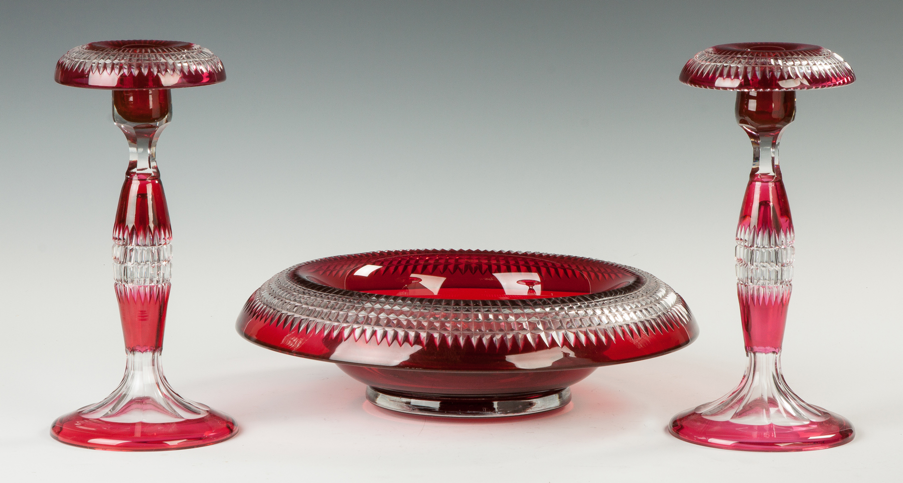 Appraisal: Pairpoint Cranberry Cut to Clear Candlesticks and Center Bowl Early