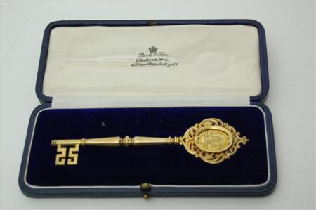 Appraisal: A cased presentation silver gilt key by Brook Sons Edinburgh