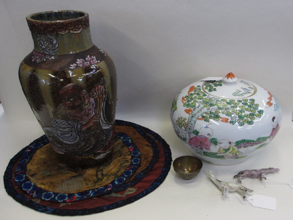 Appraisal: Chinese jar and cover Japanese vase Islamic cup three silk