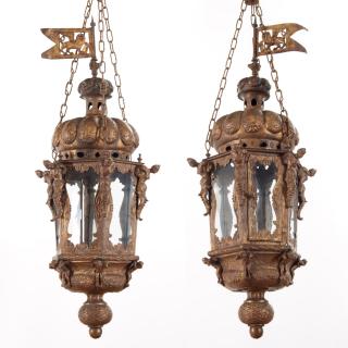 Appraisal: Large antique Venetian gilt metal hall lanterns Large antique Venetian