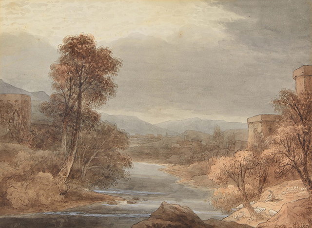 Appraisal: MANNER OF CLAUDE LORRAINERiver landscape with shepherd and sheep on