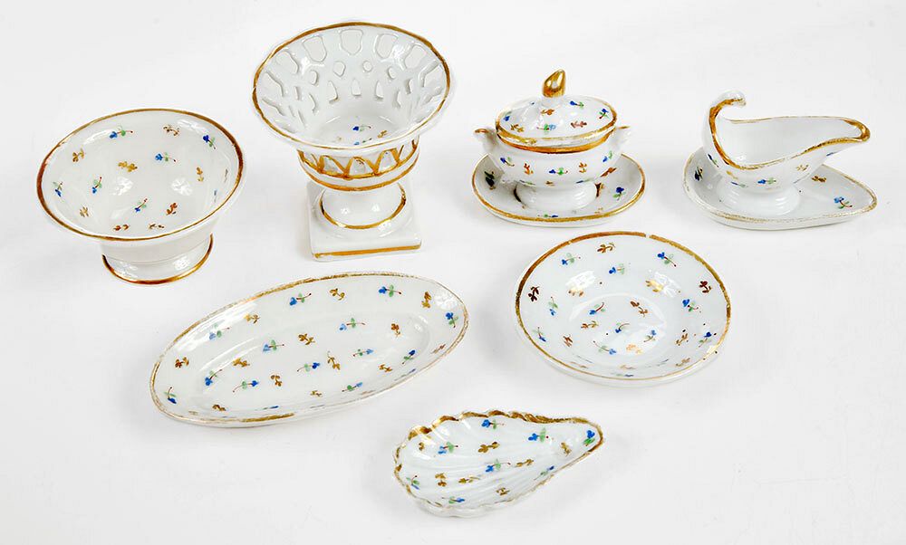 Appraisal: Piece Set of Miniature Porcelain Dishes probably British decorated with