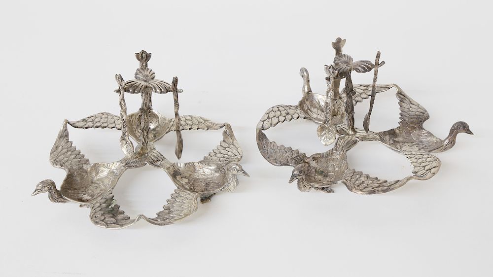 Appraisal: Pair of Continental Silver Egg Caddies with Spoons Exclusive on