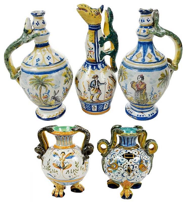 Appraisal: Three Talavera Majolica Ewers and Two Vases Spanish late th