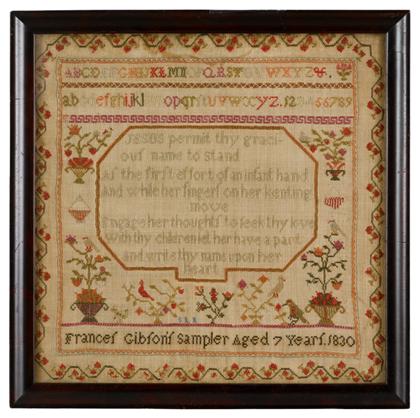 Appraisal: Needlework sampler frances gibson sampler aged years